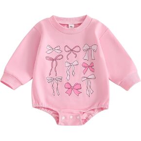 Infant Newborn Baby Girl Fall Winter Spring Outfit Long Sleeve Bow Print Bubble Sweatshirt Romper One Piece Clothes
