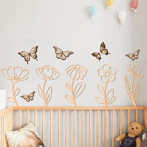 11Pcs Wooden Wildflower Nursery Decor - Nursery Wall Decor, Colorable Butterflies Sign for Wall Art Decoration, Boho Wood Flower Wall Decor for Girl Baby Bedroom Living Room, Wood Flowers Decoration