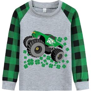 Boys St. Patrick's Day Shirt Shamrock Truck Long Sleeve Shirts Patchwork Clover Dinosaur Plaid Raglan Tee Tops 2-7 Years