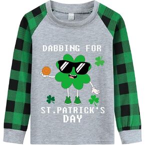 Boys St. Patrick's Day Shirt Shamrock Truck Long Sleeve Shirts Patchwork Clover Dinosaur Plaid Raglan Tee Tops 2-7 Years
