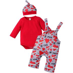 Baby Boy My First Valentines Day Outfit Long Sleeve Romper Heart Letter Suspender Pants with Hat Valentines Day Set