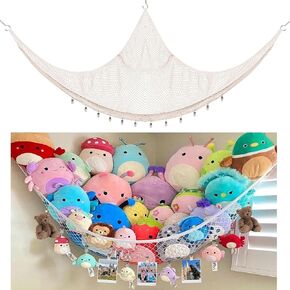 Kangaroo Stuffed Animal Storage Hammock, Corner Hanging Toy Organizer, Stuffed Animal Storage | Easy to Hang Plushie Net - Included Anchors & Hooks | for Toy Room, Nursery Bedroom & Home Decor (White)