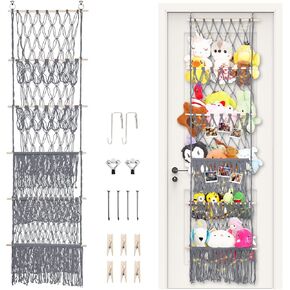 5 Tier Stuffed Animal Storage,Over Door Organizer with LED Light & Clips,Extra Large Boho Stuffed Animal Hammock Corner for Nursery Kids Girls Boys Small Or Large Plushies(gray)
