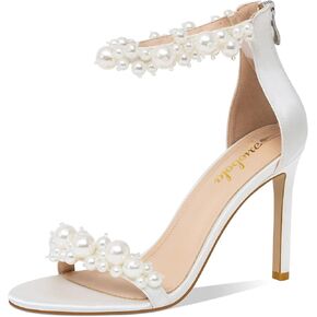 Women's White Heeled Sandals with Pearl Decoration Stiletto Heels Open Toe Back Zipper Wedding Sexy Elegant Summer High Heels Evening Party Shoes