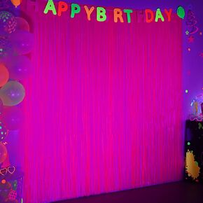 Mega-L Glow in The Dark Party Supplies, 2 Pack Neon Party Decorations 3.3 x 6.6 ft Fluorescent Macaron Fuchsia Tinsel Foil Fringe Curtains, Photo Booth Prop Backdrop Streamer, Birthday Party Decor