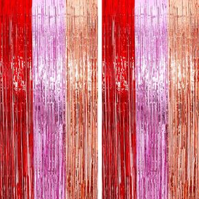 3 Packs 3.3ft x 8.2ft Valentines Day Red Pink and Rose Gold Tinsel Foil Fringe Curtains for Valentines Day Party Decorations Valentine's Day DIY Party Tinsel Photo Background Decorations
