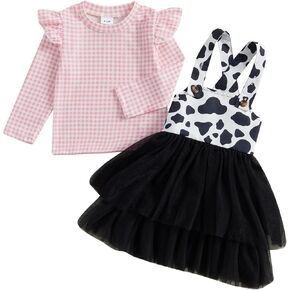 Emmababy Toddler Cowgirl Suspender Set Baby Girl Plaid Shirt Ribbed Ruffle Top Long Sleeve Cow Print Tulle Dress Fall Outfit