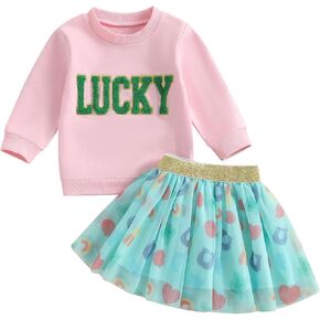 Kids Toddler Baby Girl St Patricks Day Outfit Letter Embroidery Long Sleeve Sweatshirt Clover Tulle Tutu Skirt Set