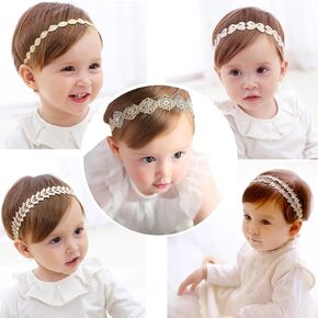 5 Pcs Gold Delicate Lace Floral Headbands for Baby Girl Infant Toddler Kid Stretchy Flower Bows Pearl Diamond Hair bands Princess Headwear Super Soft Elastic Nylon Hair Accessories Set
