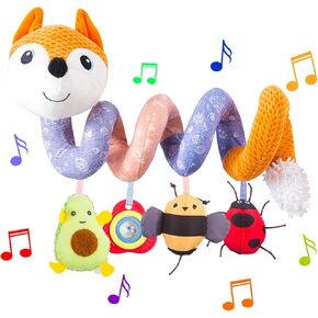 Car Seat Toys, Infant Baby Orange Fox Spiral Plush Activity Hanging Toys for Car Seat Stroller Bar Crib Bassinet Mobile with Music Box BB Squeaker and Rattles（Orange）