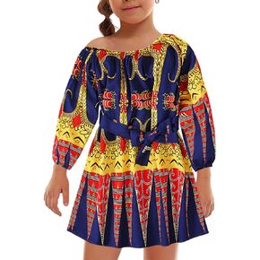 jascaela Baby Girls Cute Long Sleeve Sloping Shoulder Boho African Floral Print Pleated Short Dress Party Outfits