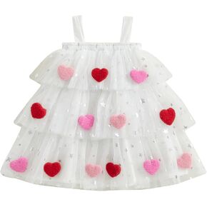 Honganda Kids Toddler Baby Girl Valentine's Day Dress Star Layered Tutu Dress with Heart Pompom Balls Summer Princess Dress