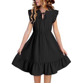 Girls Dresses Ruffle Trim Sleeveless V Neck Casual A-Line Flowy Dress with Pockets