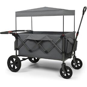 Wagon Stroller, Foldable Wagons for Two Kids & Cargo, Collapsible Folding Stroller with Adjustable Handle Bar,Removable Canopy with 5-Point Harness Gray (Dark Grey)