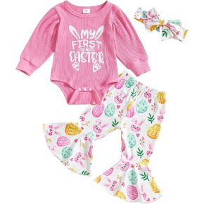 Newborn Baby Girl Easter Outfit My 1st Easter Knitted Romper Bodysuit T-Shirt Tops Bell Bottom Pants Clothes Set