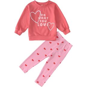 Toddler Baby Girl Valentines Day Outfit Letter Heart Print Crewneck Sweatshirt Pants 2Pcs Cute Winter Clothes Sets