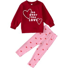 Toddler Baby Girl Valentines Day Outfit Letter Heart Print Crewneck Sweatshirt Pants 2Pcs Cute Winter Clothes Sets