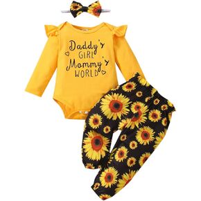 Newborn Baby Girl Clothes Thanksgiving Outfits Infant Romper Ruffle Long Sleeve Sunflower Floral Pants Cute Toddler Baby Girl Clothes Set 3PC Christmas Gifts