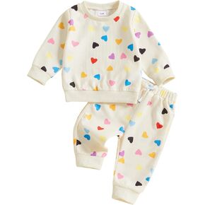 Toddler Baby Girl Valentine's Day Outfits Heart Print Waffle Long Sleeve Crew Neck Sweatshirt Pants 2Pcs Cute Set