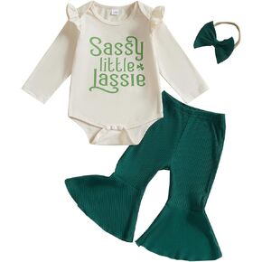 Lesimsam Newborn Baby Girl St Patricks Day Outfit Letter Clover Print Long Sleeve Romper Bell Bottom Pants Headband 3Pcs Set