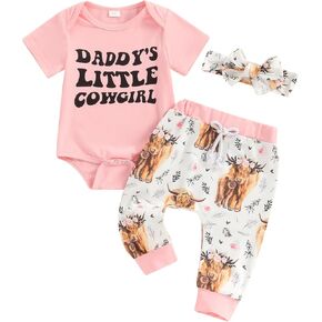 Karuedoo Newborn Baby Girl Western Outfits Letter Print Short Sleeve Romper Highland Cow Long Pants Headband 3Pcs Clothes Set