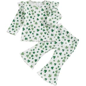 Toddler Infant Baby Girl St. Patrick’s Day Outfit Clover Ruffled Long Sleeve Shirt Flared Pants Set Irish Clothes