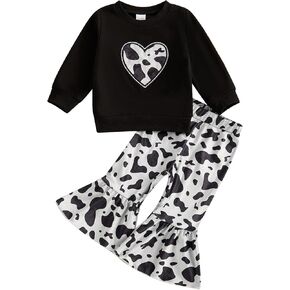 Emmababy Cowgirl Outfit Toddler Hunting Clothes Girl Bow Sweatshirt Cow Print Bell Bottoms Infant Western Flare Pants Set