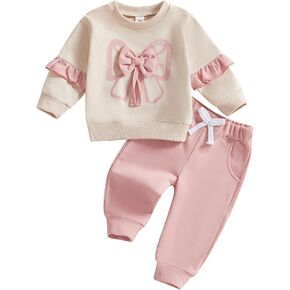 FYBITBO Toddler Baby Girl Valentines Day Clothes Ruffle Long Sleeve Bow Sweatshirt and Pants 2 Piece Fall Winter Outfits Set