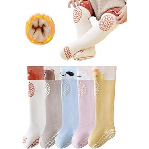 Toddler Non Skid Knee High Sock with Grip Baby Warm Thick Anti Slip Sock Unisex Newborn Crawling Stocking 5 Pairs
