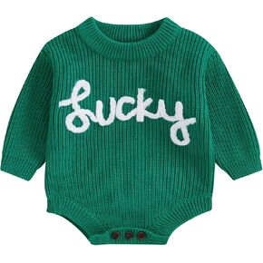 Baby Boy Girl St Patricks Day Outfit Lucky Embroidery Sweater Bubble Romper Long Sleeve Knit Bodysuit Outfits
