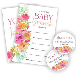 Baby Brunch Invitations For Baby Shower - 20 Fill In Watercolor Floral And Greenery Invites With Envelopes And Stickers For Girl Boy, Gender Reveal Games, Party Favors And Supplies - A04