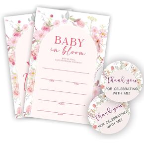 Baby in Bloom！ دعوات للاستحمام الطفل - 20 ملء الزهور الوردي والقوس دعوات مع الأظرف والملصقات لفتاة بوي ، والجنسين تكشف الألعاب ، وفضلات الحفلات واللوازم - A05