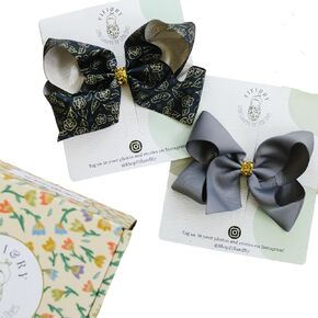 Fifi & Ry Premium Handmade Hair Bows for Toddlers & Babies | Patent- Pending Double Lined Hair Bows for Girls | Gift Box Included 5 Inch Bows | Ivory, Green, Yellow & Gray Sparkles