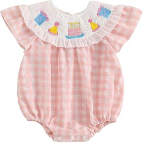 Amiblvowa Baby Girl 1st Birthday Outfit Sleeveless Embroidery Smocked Romper 1 Year Old Smash Cake Clothes