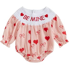 SAYOO Baby Girl Valentine's Day Romper Cotton Linen Heart Print Bubble Smocked Bodysuit Jumpsuit Headband Ruffle Outfits