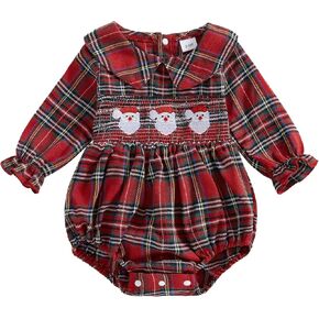 Adobabirl Baby Girl Christmas Outfit Santa Claus Bubble Romper Long Sleeve Embroidery Plaid Jumpsuit Cute Christmas Clothes