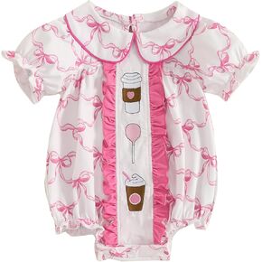 Douhoow Baby Girl Romper Short Sleeve Baby Girl Bodysuit Pleated Romper Bubble Jumpsuit Infant Girl Festival Clothes