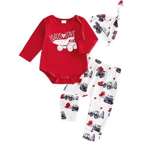 Newborn Infant Baby Boy Valentines Day Outfit Tractor Long Sleeve Romper Bodysuit Tops Pants Set +Hat Fall Clothes
