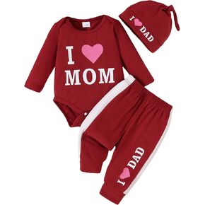Baby Boy Valentines Day Outfit Mamas Boy Outfit My First Valentines Day Romper + Pants + Hats 3pcs Outfits Set