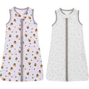 2 Pack Baby Sleep Sack 100% Cotton Soft Breathable Baby Wearable Blanket TOG 0.5 Toddler Sleeping Bag (Bee + Star, L)
