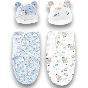 Newborn Baby Infant Sleep Sack Adjustable Swaddle Wrap Wearable Blanket with matching Beanie Hat 100% Knitted Cotton 2 Pack