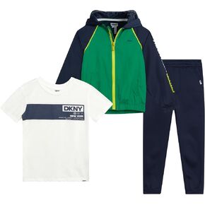DKNY Baby Boy's Active Sweatsuit Set - T-Shirt, Zip Up Windbreaker Jacket with Hood, and Jogger Playwear Set (Sizes: 12M-7)