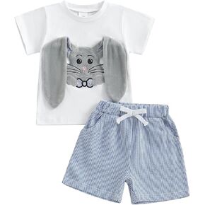 Baby Boy Easter Outfit Short Sleeve Long Ear Rabbit T Shirt Casual Striped Shorts Set Kids Summer Clothing