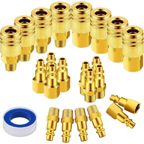 15 Pcs 1/4" NPT Coupler and Plug Kit with 1 Tape Solid Brass Connect Air Fittings Set Air Hose Connectors 1/4 Inch NPT Connect Fittings Industrial Coupler Kit with Storage Case