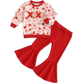 Rtnnsbbfcm Toddler Baby Girl Valentine's Day Outfit Long Sleeve Heart Letter Embroidery Sweatshirt Top Bell Bottoms 2Pcs Set