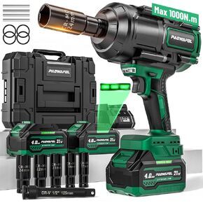 1000N.m(740ft-lbs) Cordless Impact Wrench, High Torque 1/2" Impact Gun with 2* 21V 4.0AH Battery, Fast Charger, 5 Sockets & Storage Case, Brushless Pistola De Impacto for Home Car Truck Tires