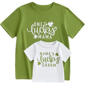 Karuedoo Mommy and Me St Patrick's Day Shirts Lucky Letters Clover Short Sleeve T-Shirt Mother Daughter Son Matching Outfits
