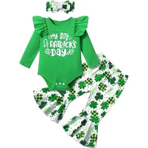 Baby Girl St Patricks Day Outfit Long Sleeve Ruffle Romper + Flared Pants + Headband 3pcs Outfit Sets