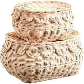 Small scalloped basket Set, Hand woven rattan basket with lid, scallop tray, Storage wicker baskets for gifts, diaper organizer basket, 14.5x10x6 in(Natural)