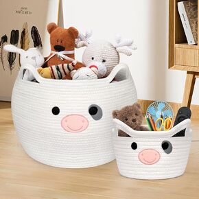 2 Pcs Animal Baskets, Cow Woven Cotton Rope Storage Basket, Large & Small Cute Toy Basket with Handle, Laundry Basket Organizer for Clothes, Towels, Blanket, Toys, Gifts, Baby Shower, Pet Toy Storage